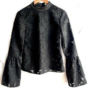 Self Portrait Lace/Jacquard Blouse Long Sleeve Satin Mock Neck US 2 UK 6 Black